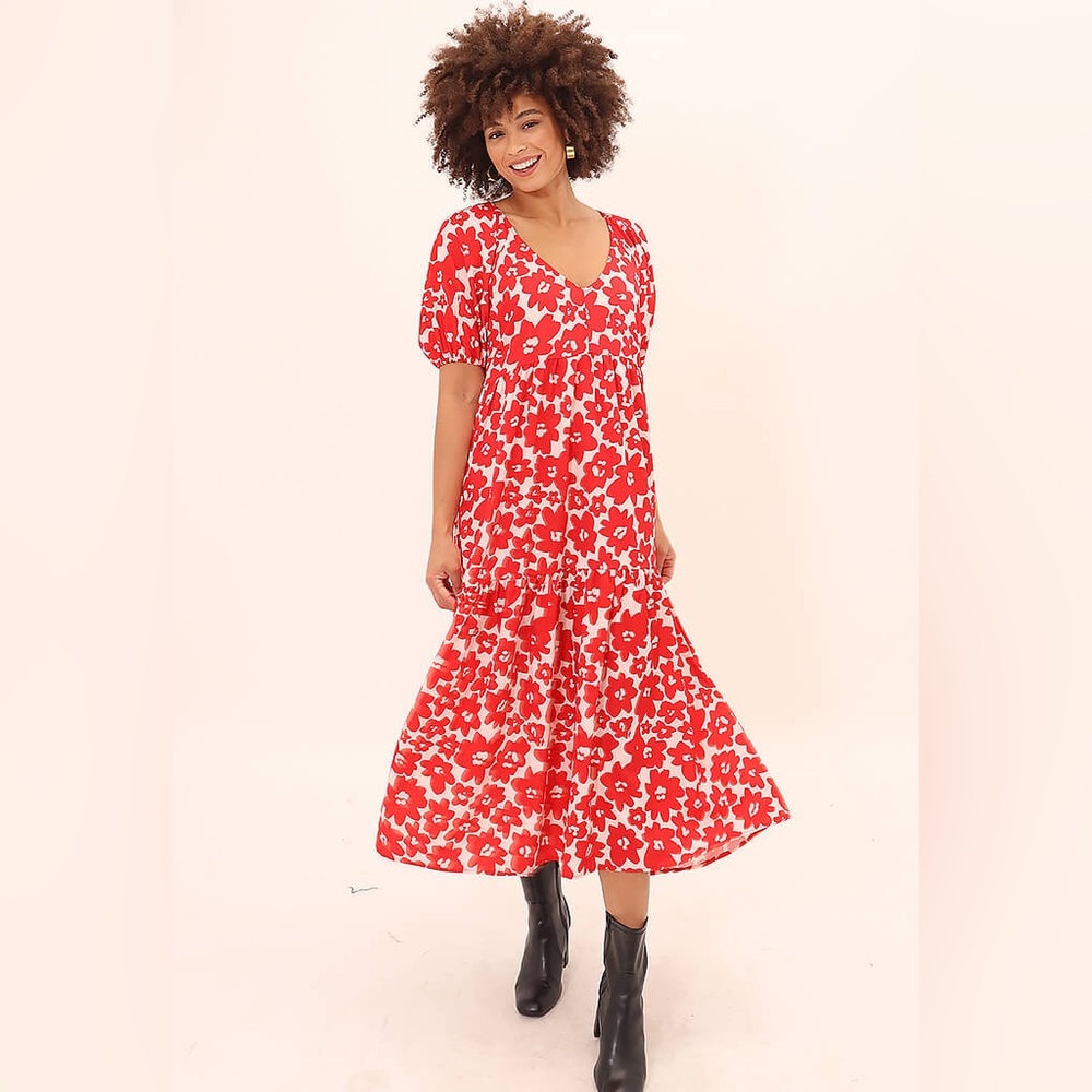 Zara Printed Poplin Floral Maxi Dress Red Size M